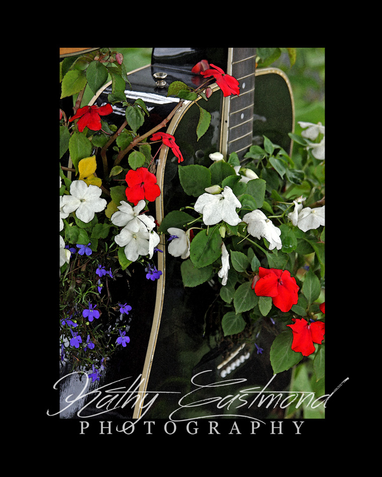 "Guitar & Flowers" 5x7 print mounted on a black 8x10 acid-free matte for $25 with free shipping within the U.S.  (Kathy Eastmond's signature will replace the copyright  logo )